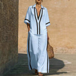 Short Sleeve Top And Wide Leg Pants Two Piece Set - light blue
