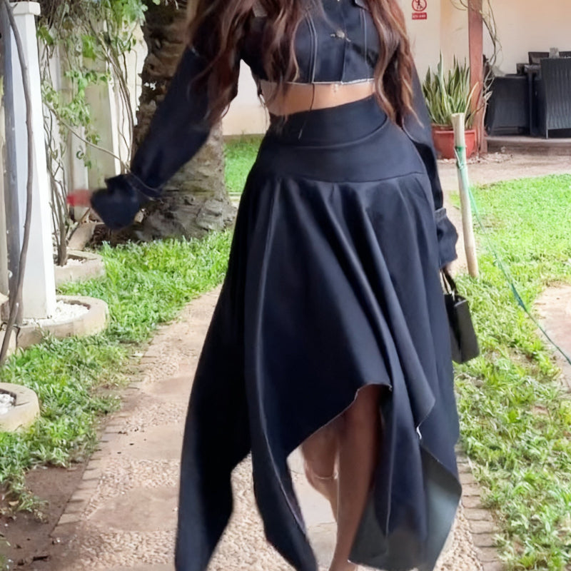 Chic Long-sleeved Cropped Jacket & Irregular Hem Denim Skirt Set