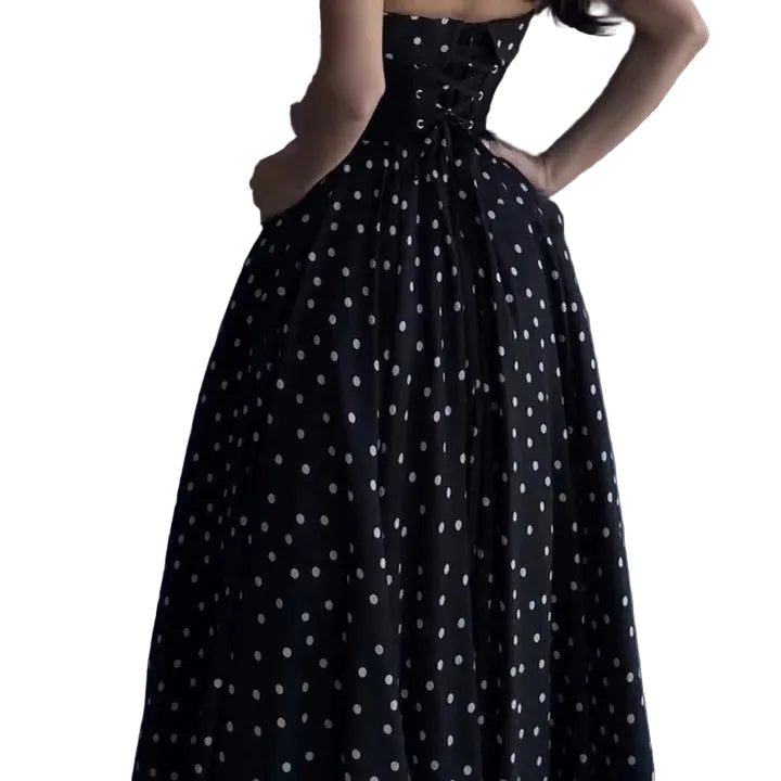 Black Polka Dot Strapless Fitted Bodice A-Line Maxi Dress