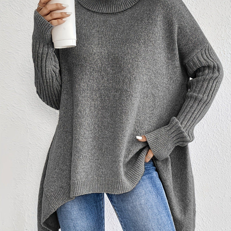 Irregular Turtleneck Sweater: Modern Intellectual Style - grey