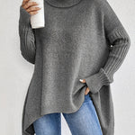 Irregular Turtleneck Sweater: Modern Intellectual Style - grey