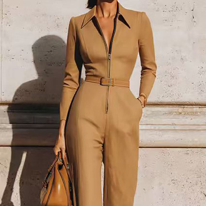 Pointed-Collar Zip-Front Belted Straight Wide-Leg Long-Sleeve Jumpsuit - camel