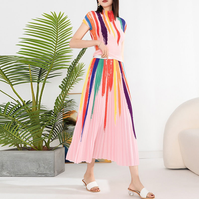 Contrast Color Pleated 2 Pieces Set - runwayfashionista.com