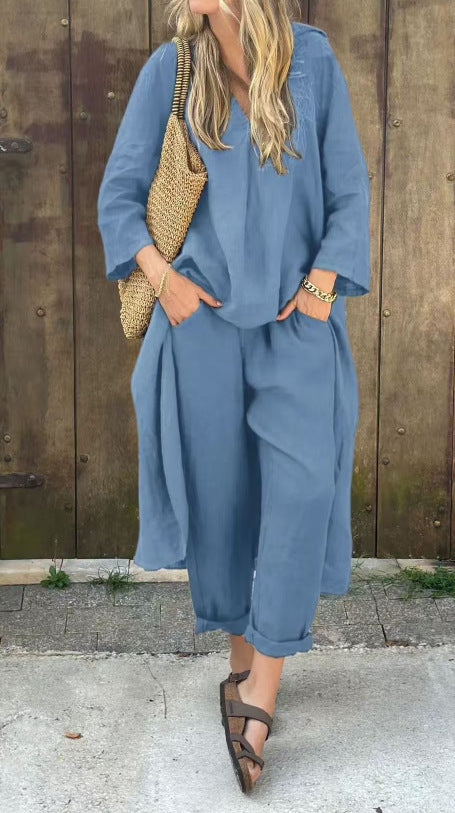 V-neck Long Top And High Waist Wide Leg Pants -blue