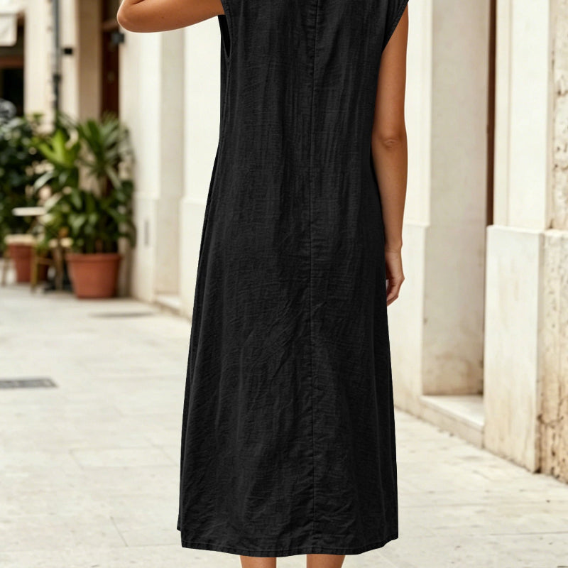 Sleeveless Stand Collar V-Neck Pocket Split Midi Dress - black