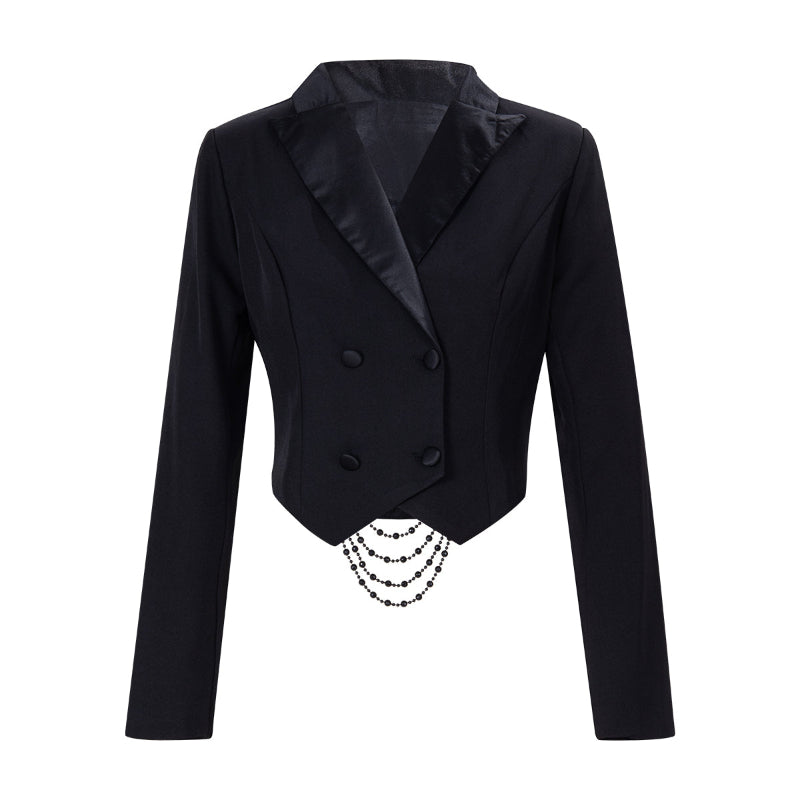 Black Backless Beaded Cropped Blazer & High Waist Pants Set
