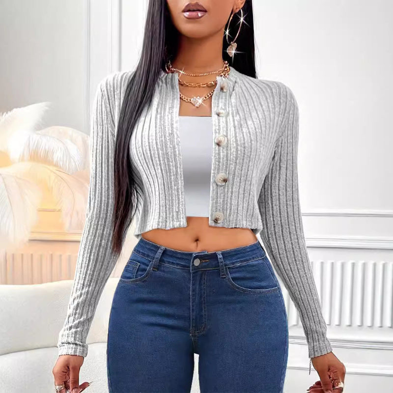 Button Up Round Neck Long Sleeve Cardigan - runwayfashionistac.om