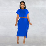 Round Neck Short Sleeve Long Dress Two-Piece Set - Blue