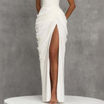 French Style Romantic Strapless Pleated Slit Maxi Dress - white