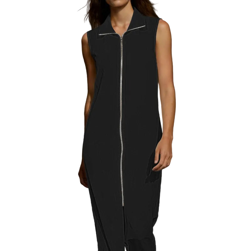 Sleeveless Stand Collar Zip Front Maxi Dress - black