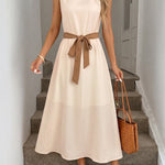 Pearl Neck Sleeveless Self-Tie Belt A-Line Midi Dress