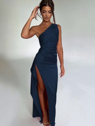 One-shoulder Backless Slit Maxi Dress - green