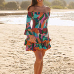One-Shoulder Flared Sleeve Ruffle Mini Dress - Orange