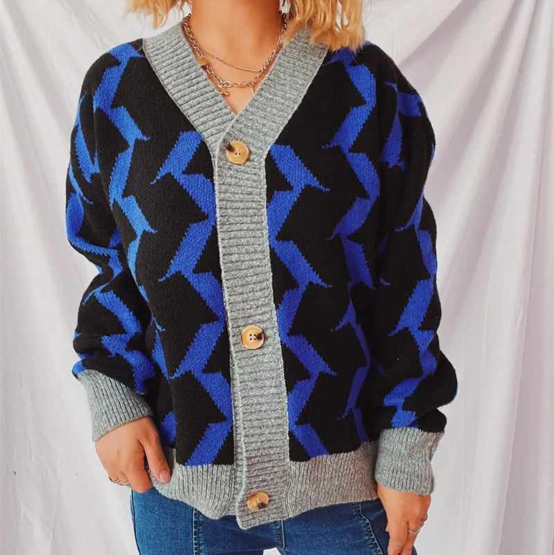 Contrast Trim Geometric V-Neck Long Sleeve Cardigan - runwayfashionista.com