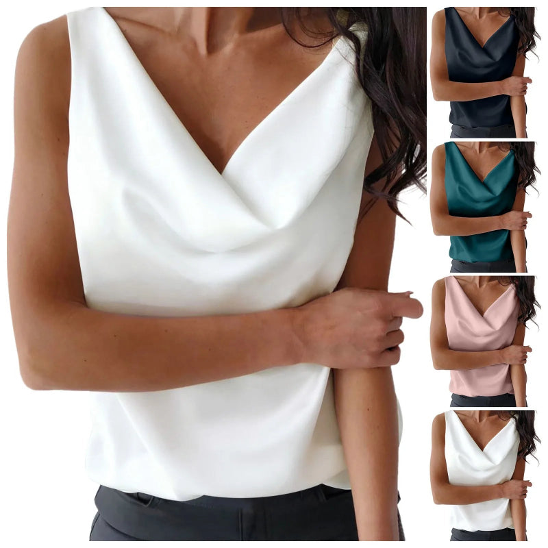 Cowl Neck Casual Sleeveless Camisole Tanks - white