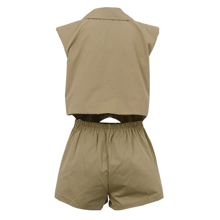 Khaki Oversized Sleeveless Peak-Lapel Exaggerated-Shoulder Asymmetric Hem Blazer & High-Waist Pleated Shorts Co-ord Set
