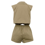 Khaki Oversized Sleeveless Peak-Lapel Exaggerated-Shoulder Asymmetric Hem Blazer & High-Waist Pleated Shorts Co-ord Set