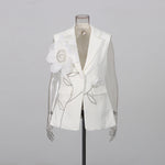 Sleeveless Blazer Vest & Wide Leg Trousers 2 Piece Floral Embroidery Suit Co-ord - white