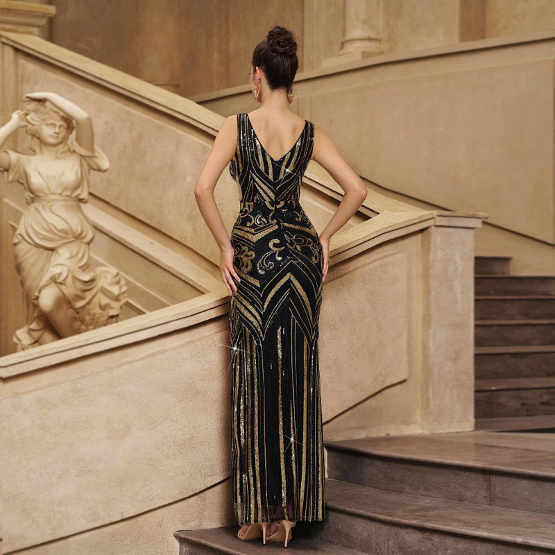 Black & Gold Baroque Scroll Art Deco Sequin Bodycon Mermaid Deep-V High-Slit Evening Gown