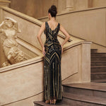 Black & Gold Baroque Scroll Art Deco Sequin Bodycon Mermaid Deep-V High-Slit Evening Gown