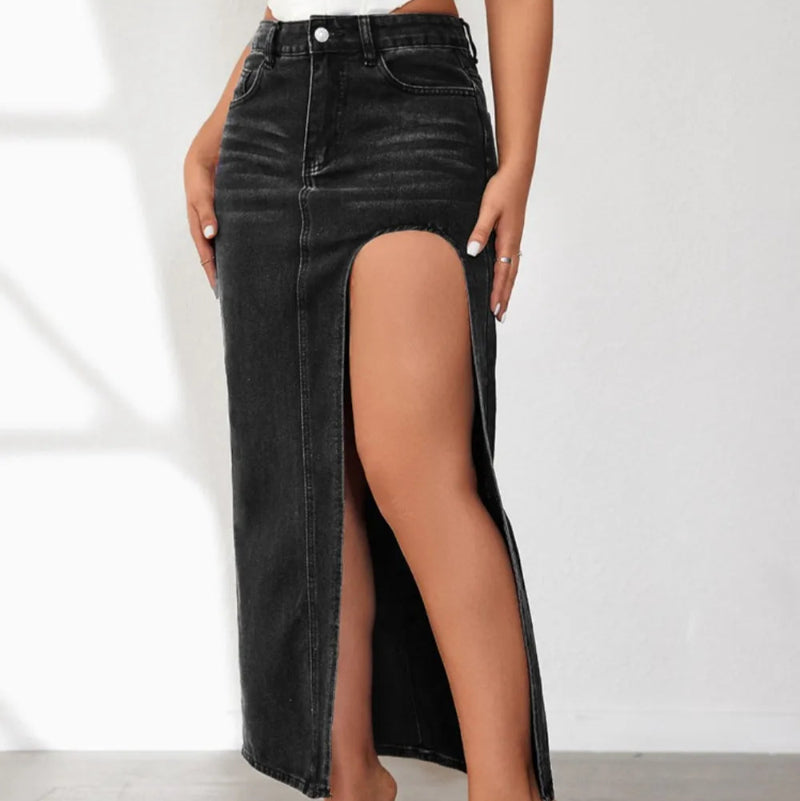 High Rise Slit Denim Skirt