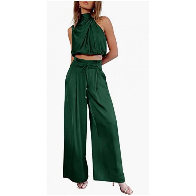 Casual Sleeveless Midriff-baring Top And Wide Leg Pants 2pcs Set - dark green