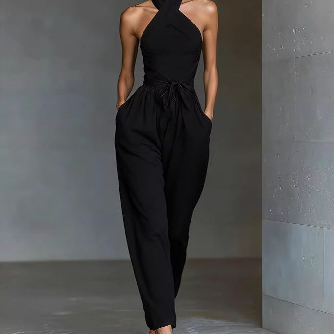 Linen Cross-Strap Wide-Leg Jumpsuit - black
