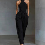 Linen Cross-Strap Wide-Leg Jumpsuit - black