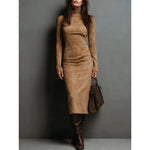 Turtleneck Long-sleeved Midi Dress - khaki
