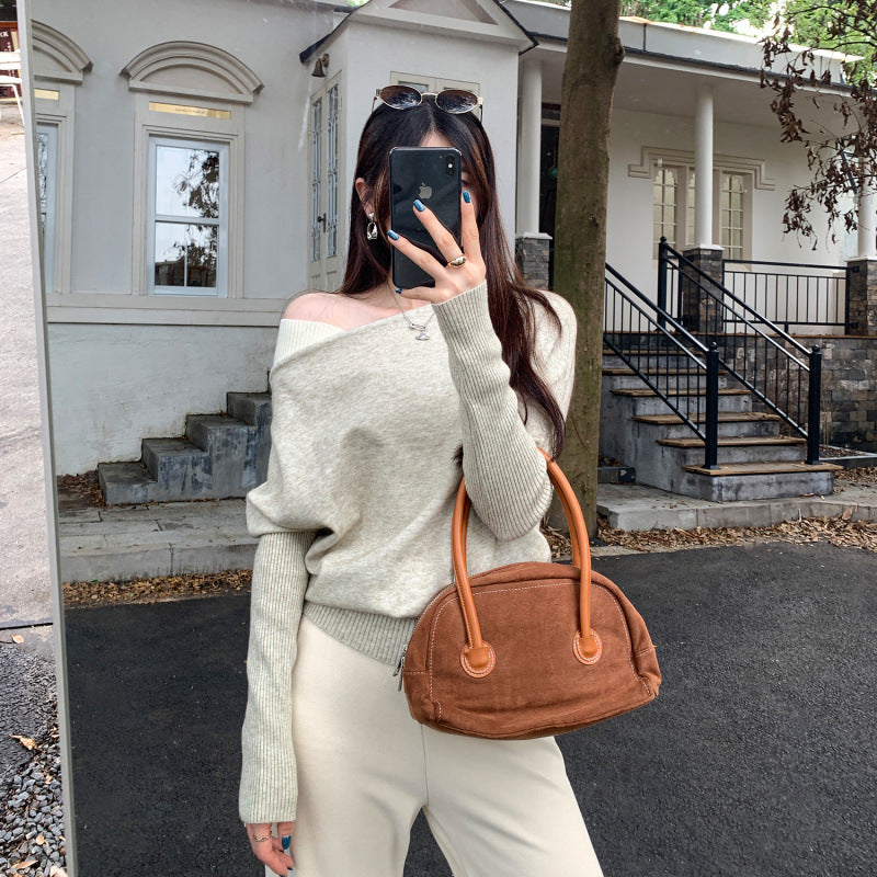 Trendy Slim-Fitting Off-Shoulder Top - oatmeal