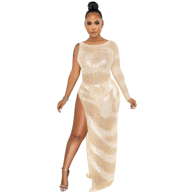 Rhinestone Single Long Sleeve Irregular Slit Maxi Dress - apricot