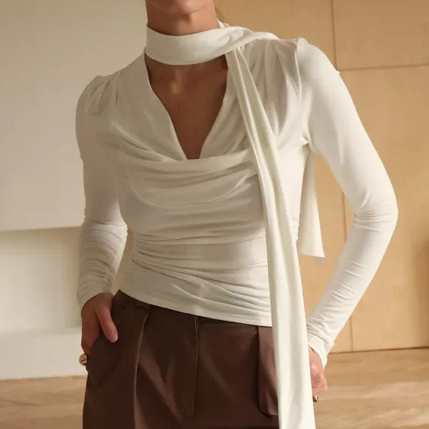 Ribbon V-neck Scarf Long-sleeved Base Top - whte