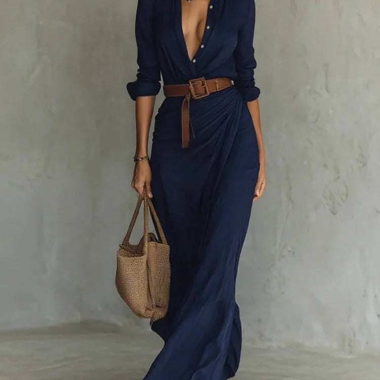 Belted Wrap-Drape Maxi Shirt Dress - navy blue