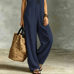 V-Neck Contrast-Trim Sleeveless Wide-Leg Jumpsuit - dark blue