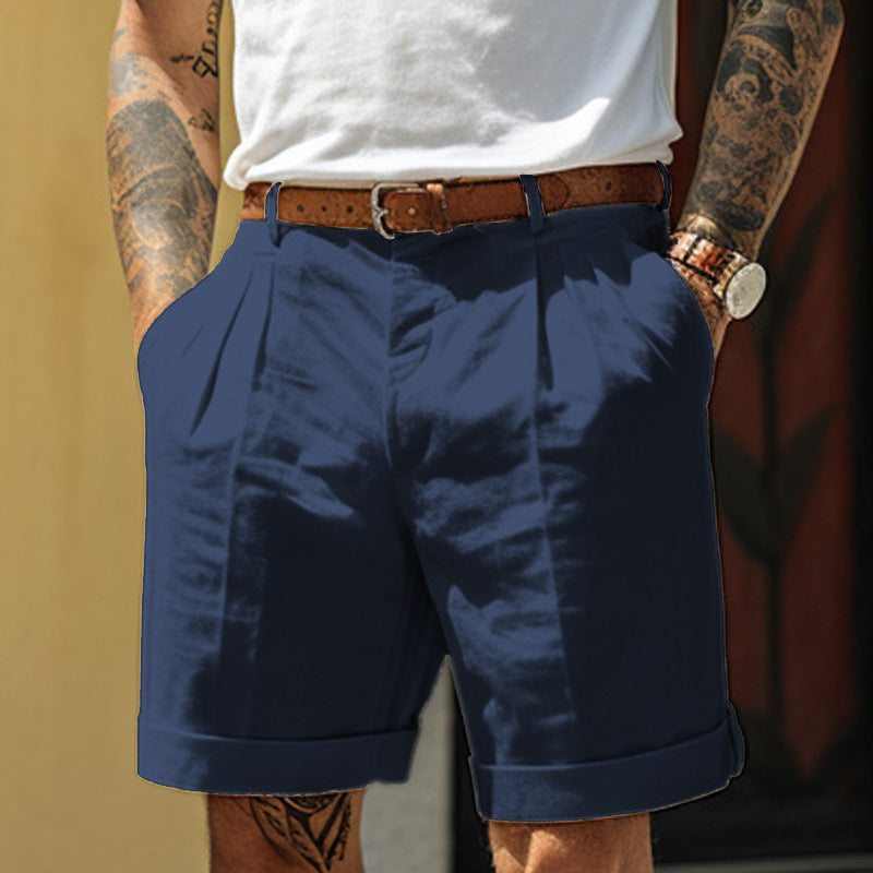 Pleated Linen Shorts with Turn-Up Hem- navy blue