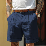 Pleated Linen Shorts with Turn-Up Hem- navy blue