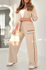 2 Pcs Set Long Sleeves Jacket Wide Leg High Waist Trousers Outfit -beige