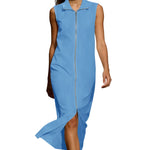 Sleeveless Stand Collar Zip Front Maxi Dress - blue