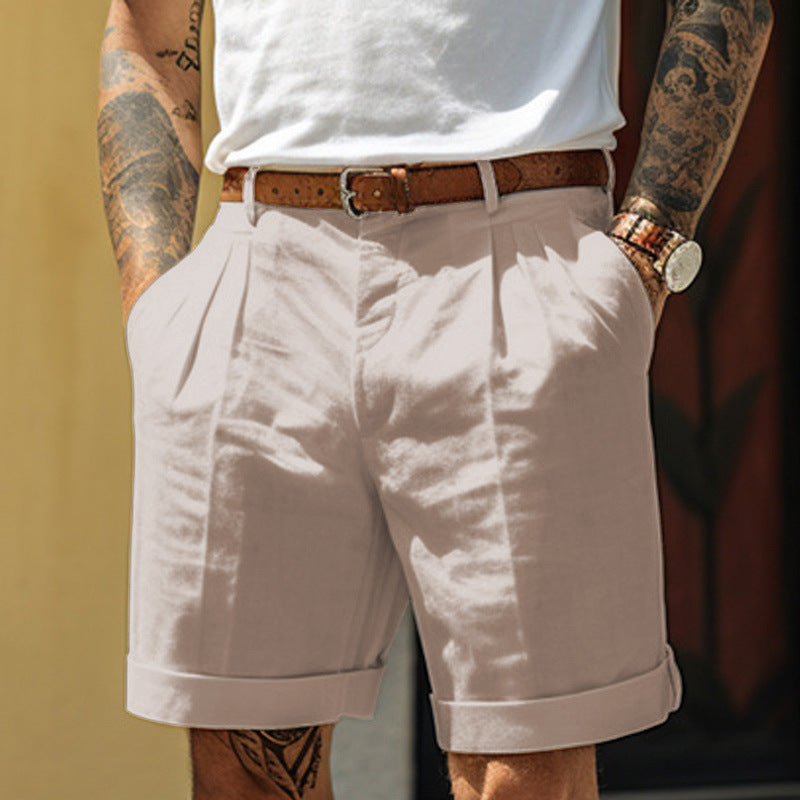 Pleated Linen Shorts with Turn-Up Hem - khaki
