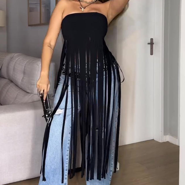 Black Bandeau Fringe Top