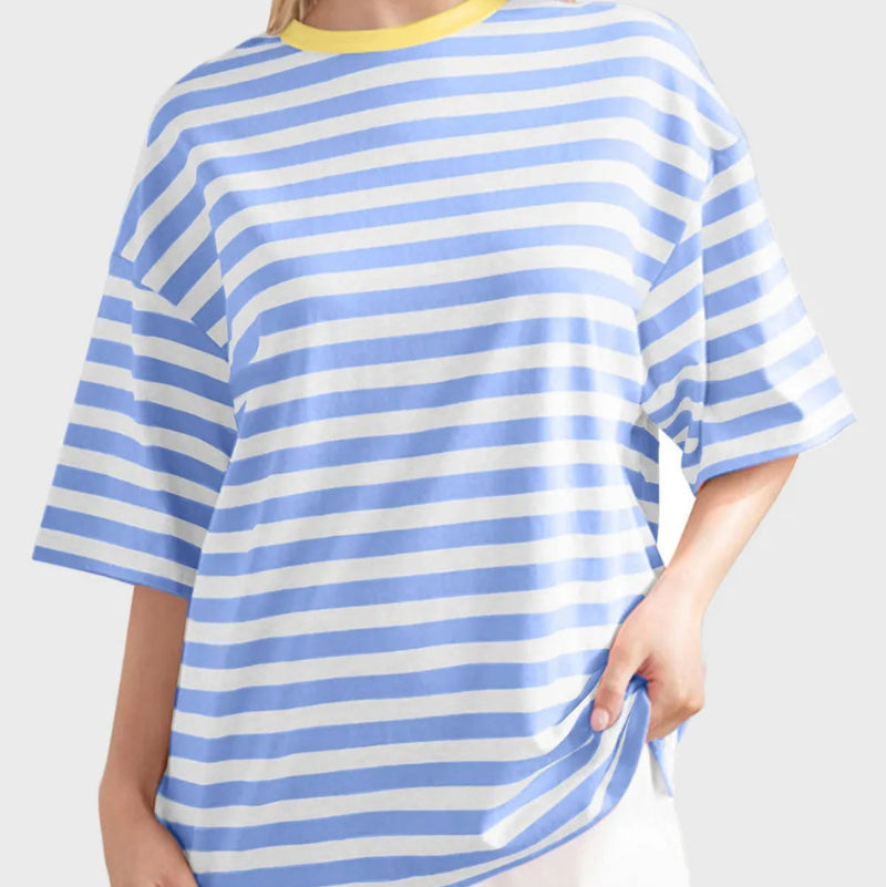 Casual Striped Quarter Sleeve T - Shirt - runwayfashionista.com