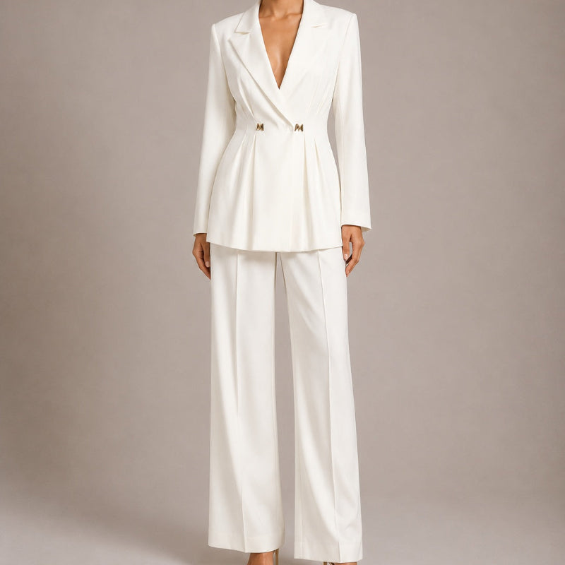 Solid-color Long-sleeve Fitted Blazer & High-waisted Straight-leg Trousers Set
