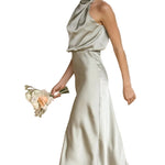 Draped Halter Neck Satin-Finish Midi Dress