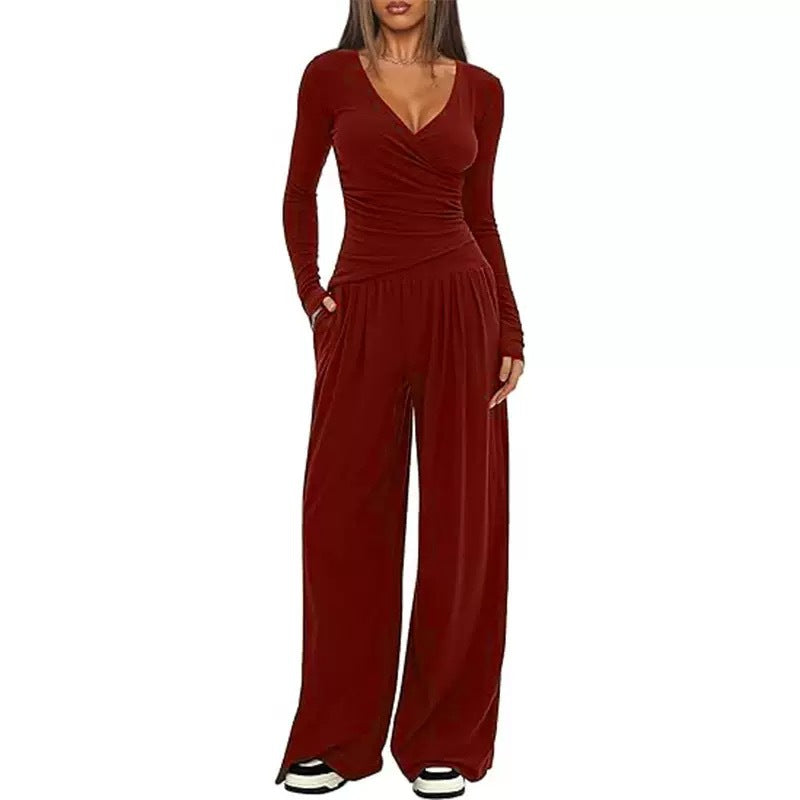 Top And Wide-leg Pants Set - red wine