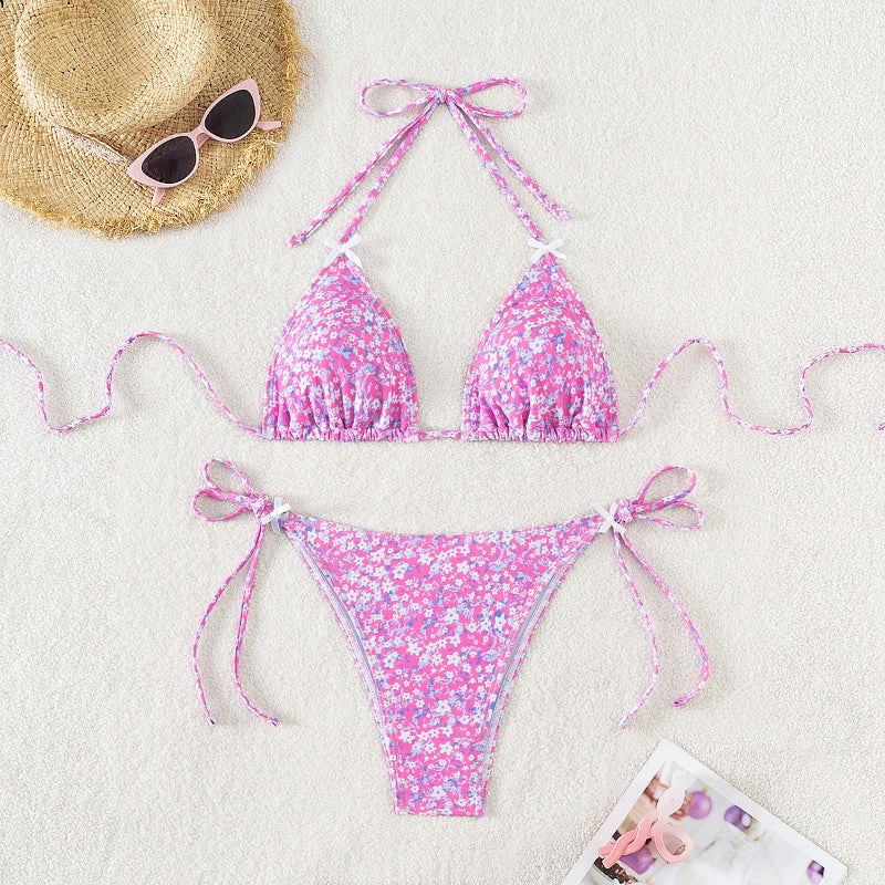 Floral Triangle Cup Lace Up Bikini