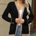 Contrast Trim Button Up Long Sleeve Cardigan - runwayfashionista.com