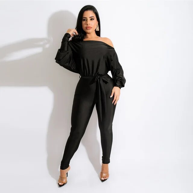 One Shoulder Lace Up Long Sleeved Jumpsuit - runwayfashionista.com