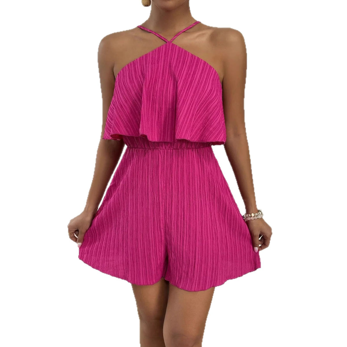 Crinkled Halter Neck Ruffled Romper