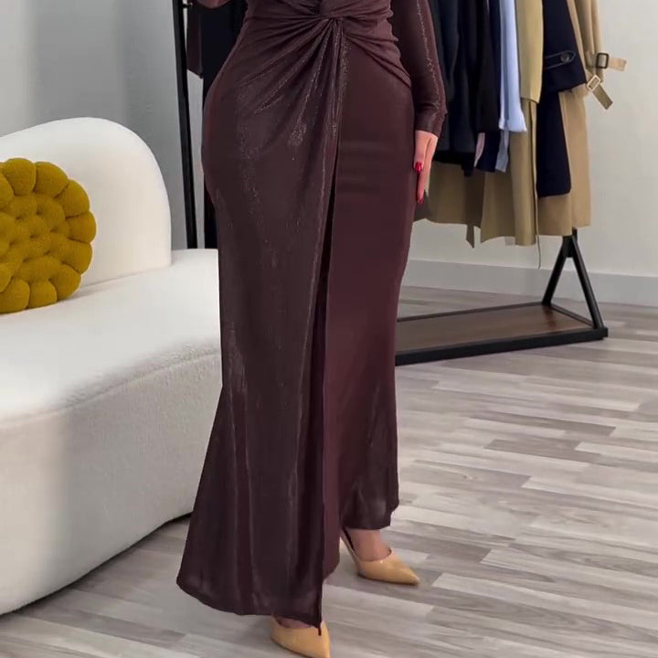 Metallic Maxi Dress With Twist Front Detail And Long Sleeves