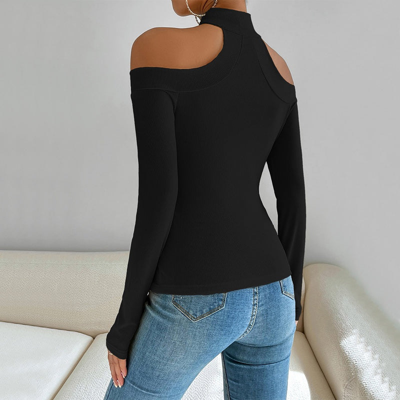 Off shoulder slim knit long sleeved temperament top - runwayfashionista.com